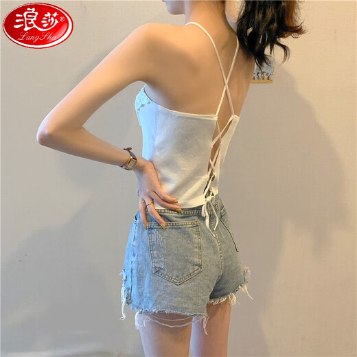 浪莎（LangSha）镂空后背系带针织吊带背心女内搭夏2025新款修身显瘦百搭打底上衣 9712黑色 均码 (70-125斤可穿)