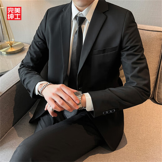 西服外套男轻熟风高级感修身单西休闲商务正装职业加大码伴郎西装 (单件装)黑色西装外套 XL 码140-155斤
