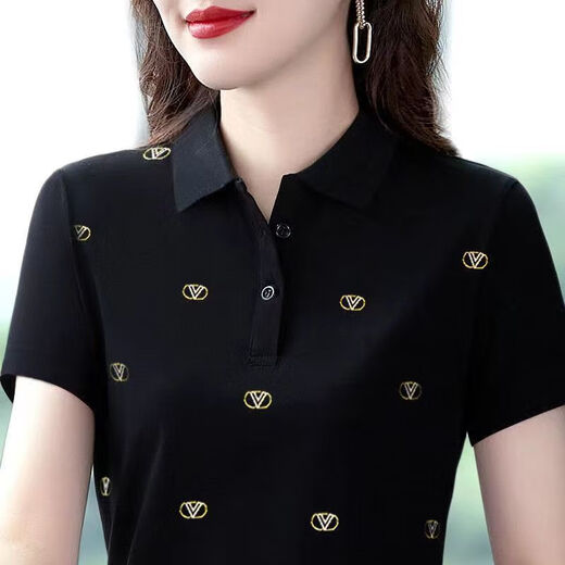 萱慕琳短袖t恤女士夏季新款洋气妈妈装外穿红色翻领大码polo衫上衣 lcx-1697蓝色 M  建议80-95斤