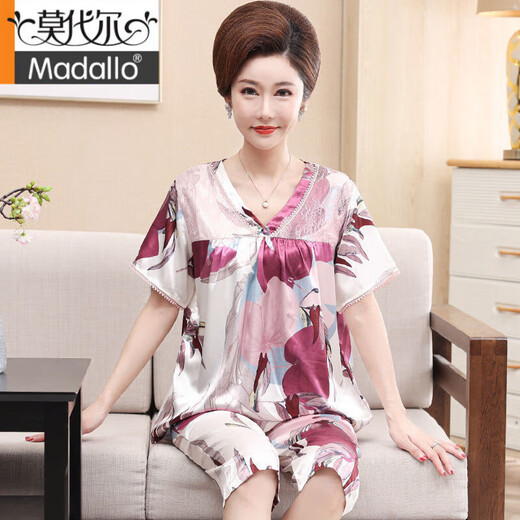 莫代尔冰丝睡衣女夏季妈妈短袖五分裤套装中老年大码家居服仿真丝 826 3XL 建议155-175斤
