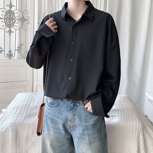 Shirt men's spring and summer long-sleeved drapey high-end loose casual black shirt men's long-sleeved ice silk inch shirt trendy C054 black regular L
