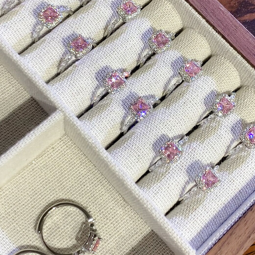 Hua Youxin Persimmon s925 silver ring female pink diamond small sugar cube ring female niche design high-end plain ring ring open index finger ring pink diamond small sugar cube ring