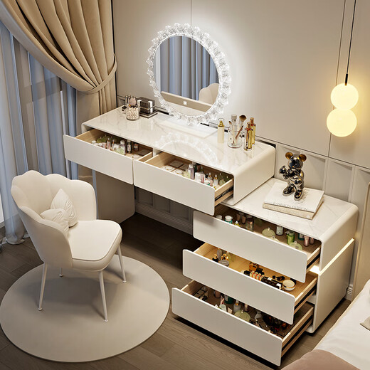 Xushansi Xueshu 2025 new dresser bedroom modern simple small apartment light luxury solid wood dresser table and drawer cabinet Solid wood desktop dresser + three drawer cabinet (no stool and no mirror 80cm combination-solid wood ecological board-complete SF delivery)