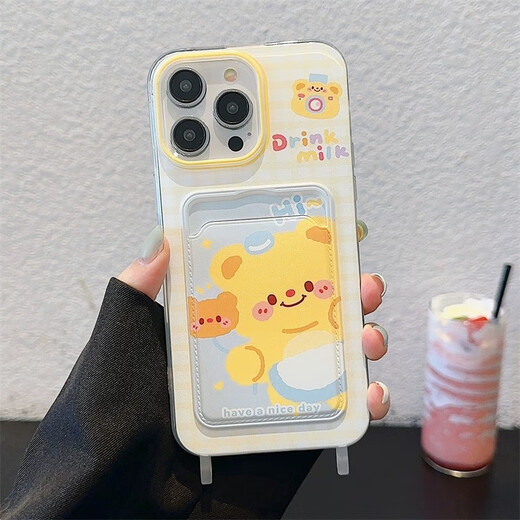 迩舟适用iphone16手机壳创意卡包壳苹果16pro卡通可爱黄油小熊编织挂绳防摔大孔苹果16promax保护套 大孔透明卡包-黄油小熊+白圈黄挂绳 苹果 16