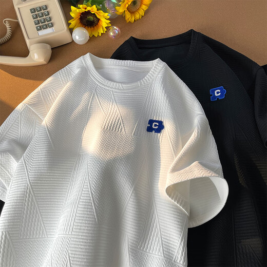 
Dingfengbaoluo Hong Kong style short-sleeved T-shirt for men in summer loose breathable letter embroidery lazy style top JC102 white 2XL