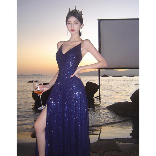 Spring Man Hepburn Style Vestido de noche sexy de lentejuelas sexy francesas para mujeres con súper largo vestido de suspensión de cuello en V de corte bajo L Azul L
