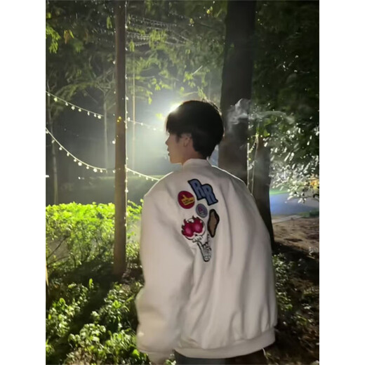 Katuchi American high street badge letter embroidered baseball uniform men's spring and autumn trendy brand loose high street bomber jacket white XL