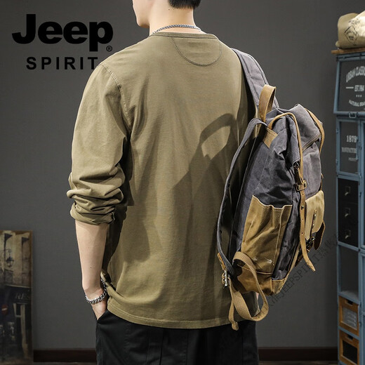 Jeep Spirit2025 Neues Casual Herren Pure Cotton Long-Ärmeln T-Shirt Spring Lose Mody Brand Henry Kragen Basishemd Pullover Mocha Brown 2xl geeignetes Gewicht 160-180jin [Jin ist gleich 0,5 kg]