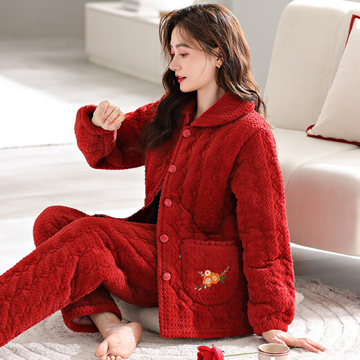 莫代尔睡衣女冬季三层加厚珊瑚绒夹棉袄秋冬大红色本命年家居服新款 9276 M 【建议80-100斤】 三层加厚