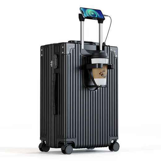 Fandia 28-inch suitcase multi-functional luggage trolley case student large-capacity travel password case leather suitcase cup holder black