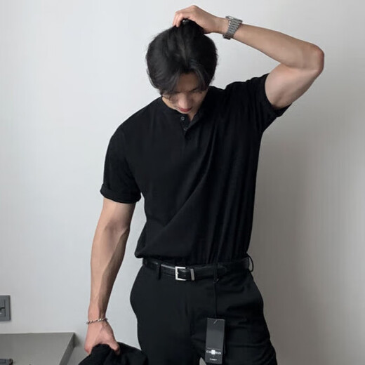探锋鸟新款亨利领T恤衫男polo美式复古短袖成熟稳重健身运动硬汉风韩版 绿色高品质 3XL