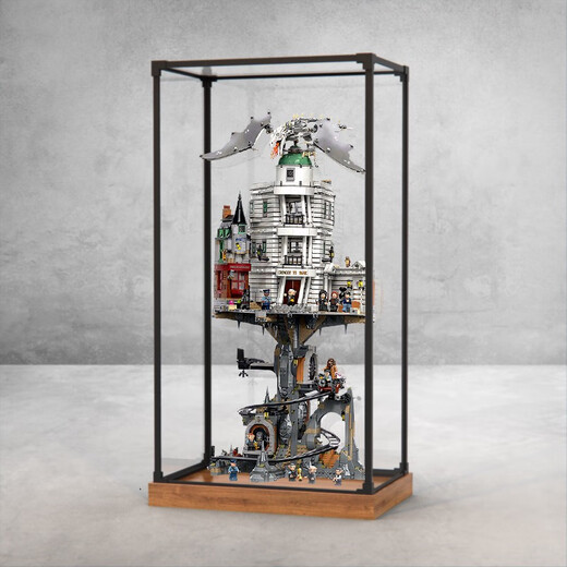 Acrylic display box suitable for LEGO 76417 Gringotts Harry Potter Wizard Bank building block dust cover box alloy frame and elevated wood grain base