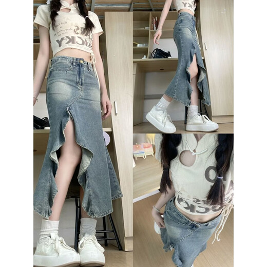 XiChui Gong (XiChui Gong) summer high waist slim design feels wavy slit irregular denim skirt for women retro hip fish tail skirt 6189 S [recommended 80-95 Jin [Jin equals 0.5 kg]]