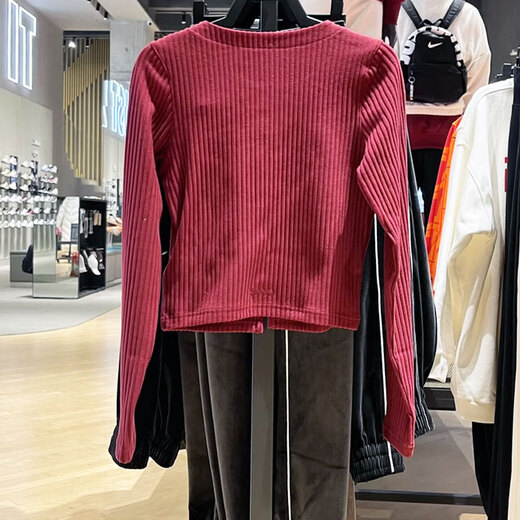 Nike (NIKE) jacket women's spring and autumn V-neck slim fish bone waist-hugging sportswear long T-shirt top HV8459-677 dark red XS