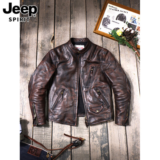 JEEP SPIRIT horsehide motorcycle leather jacket washed and aged Tom Hardy classic stand collar retro men's leather jacket men's coat men horsehide heavy color rubbing M