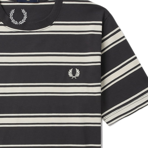 Fred Perry Herren Casual T-Shirt 2025 Sommer neu gestreifte Bildschirme Weizenohr Kurzarm Trend M9851 CCX/Dunkelgrau L.
