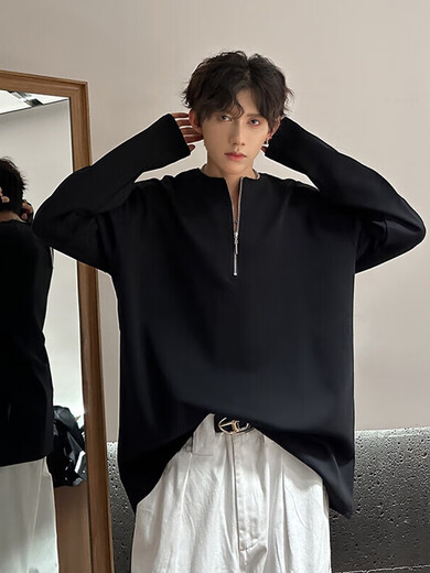 Tailored rain and rainbow American half-zip sweatshirt for men in autumn new style heavy long-sleeved T-shirt with bottoming henley shirt black black M 90-105Jin Jin is equal to 0.5 kg