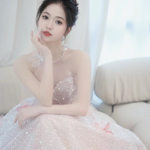 小憨鹿女孩订婚高端礼服粉色晚裙女2025新款感轻奢小众成人公主法式婚纱 粉色 XS
