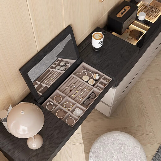 KSALOY Italian-style dresser with flip cover for small apartment bedroom dresser with drawer and integrated cabinet retractable bedside jewelry storage cabinet with flip cover dresser + 1.2M cupboard + round stool 120cm flip dresser with password lock drawer