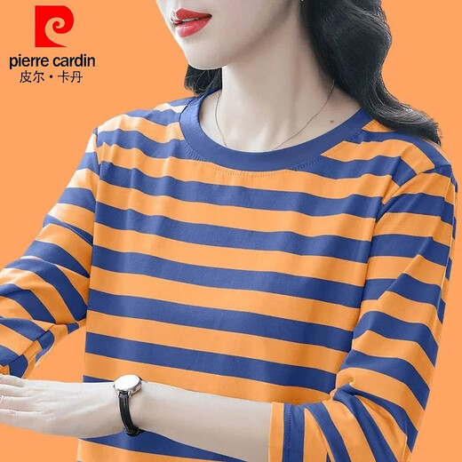 Pierre cardin mother dress fashionable striped long-sleeved T-shirt for women's base shirt in autumn new loose outer belly cover pure cotton top #Trendy striped blue gray-833# M Recommended 90-105Jin [Jin equals 0.5 kg]-card code to take a big shot
