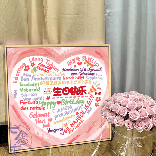 生日快乐diy数字油画填充涂鸦填色手工礼物手绘爱心丙烯画装饰画 qx12176 20*20cm加厚实木内框（小尺寸不