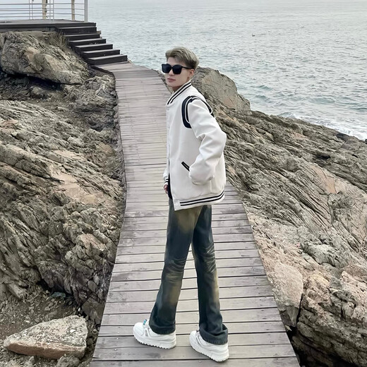 Katuchi American retro splicing jacket jacket men's spring and autumn trendy high-end handsome pilot baseball uniform top clothes white XL