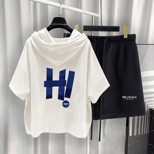 Sommer Pinli Hong Kong Style Hooded Short Sleeve Set Herren Sommer Trendy Printed T-Shirt Complete Set Weiß T5019+Black 9215 2xl Geeignet (150-180Jin [Jin ist gleich 0,5 kg])