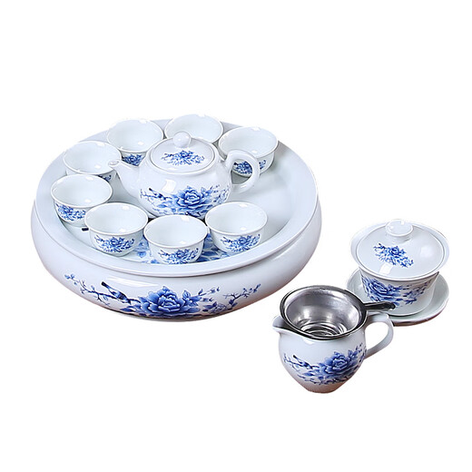 Tea Set Complete Chaoshan Kung Fu Tea Set White Porcelain Teapot Tea Cup Cover Bowl Yixing Ceramic Tea Tray 10 Inch Flower Blossom Wealth Set Free for Six Gentlemen