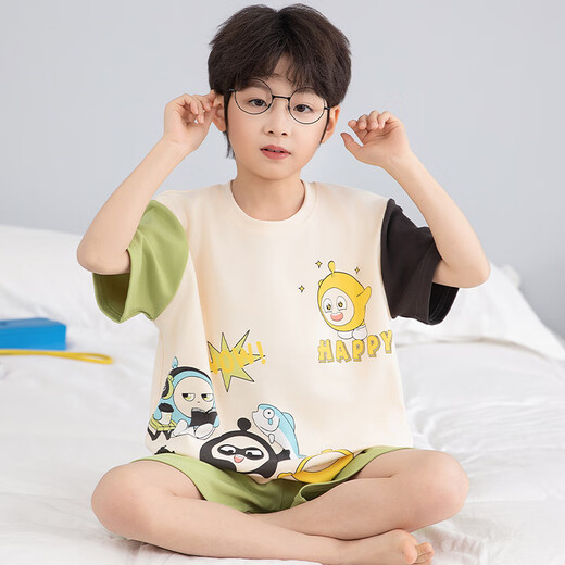 Taiyi Real Boy Pyjamas Sommer kurzärmelig mittelgroße Kinder-Kinder-Teenager 2025 Neue Baumwollkleidung für Kinder [100% reine Baumwolle] YM-694 Nezha 140 [16 Größen] Empfohlene Höhe 133-143 cm