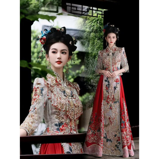 Fengli Xiuhe Clothes Bride 2025 Niang Xiuhe Clothes Wedding Chinese Wedding Clothes Phoenix Crown Xia Pei Velvet Heavy Industry Embroidered Pavilion Clothes Picture Color XL