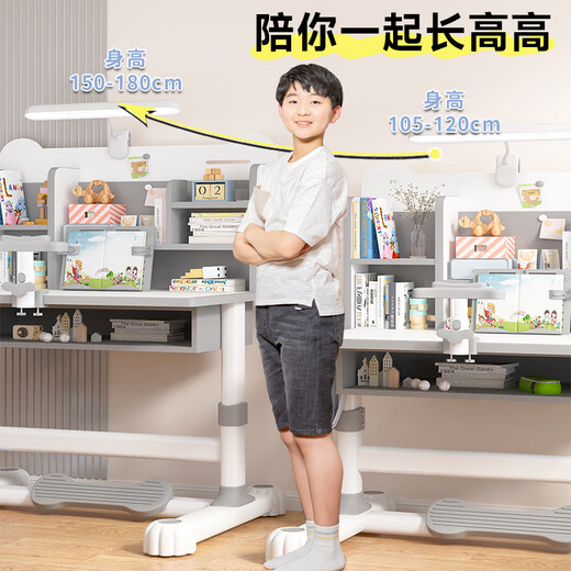 忆瞳儿童学习桌小学生家用写字书桌小孩写作业专用桌子可升降桌椅套装 80至臻灰-环保桌椅-阅+矫+台灯