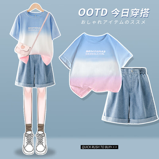 Yoyo One Set für Mädchen 2025 Neues Sommer Dopamine Kurzärärmelte Big Children's Trendy und Cool Outfit für modische zweiteilige Sommer-Set 1429 White + 9928 Purple 160 160 cm