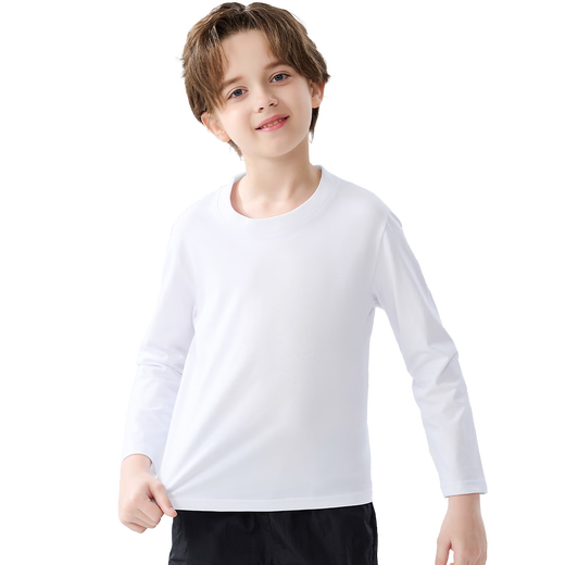 Catman children's T-shirt for boys and girls, autumn and winter round neck pure cotton white T-shirt for medium and large children, casual and versatile long sleeves