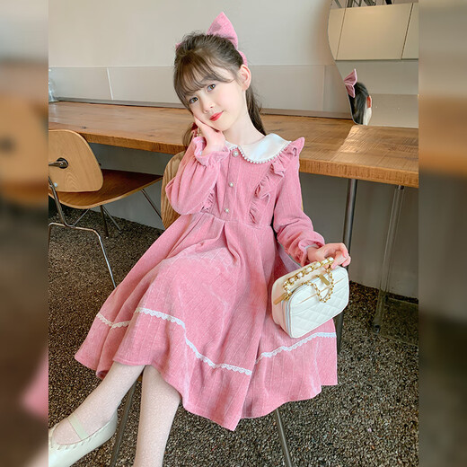 Annie Youer Girls Autumn and Winter Dress 2025 Western Style Children's Clothing Girls Princess Dress Children's Skirt Pink Velvet 100
