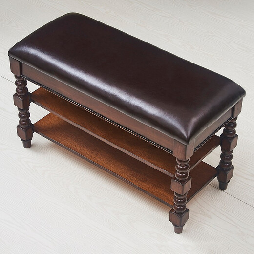 Bobins American-style shoe-changing stool, household shoe rack, solid wood storage stool, shoe cabinet, shoe-trying stool, European-style door-to-door shoe-changing stool, door stool, walnut color + brown PU leather flip cover, flat style 90*30*48CM