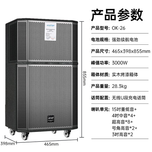 Amoi square dance audio outdoor karaoke lever mobile Bluetooth speaker live broadcast home 12-inch three-way subwoofer amplifier with microphone 15-inch six-way 17 speakers (dual wireless microphones)