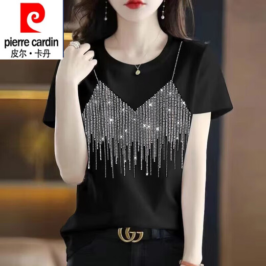 皮尔卡丹（pierre cardin）纯棉短袖t恤女大1码夏装新款时尚烫钻圆领半袖上衣黑色镶钻打底衫 圆领-连环爱心钻-黑色短袖 3524 M 适合80-90斤
