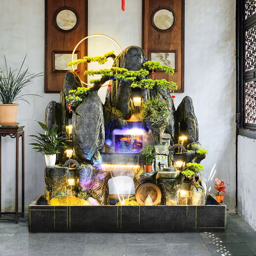 大型落地假山流水喷泉风水轮鱼池造景软装饰品摆件酒店客厅花园 新1518小号长宽高：105*55*100CM