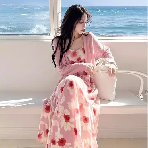 妃莉杋（FeiLiFan）法式碎花连衣裙女装2025新款春季穿搭一整套粉色开衫气质吊带裙子 粉色开衫+吊带裙 L 【建议100-115斤】