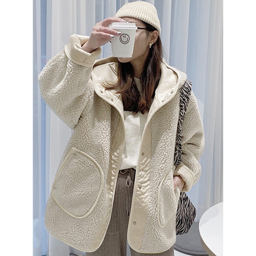 TonLion 2024 Women's Hooded Spliced Jacket Dark Milky White L