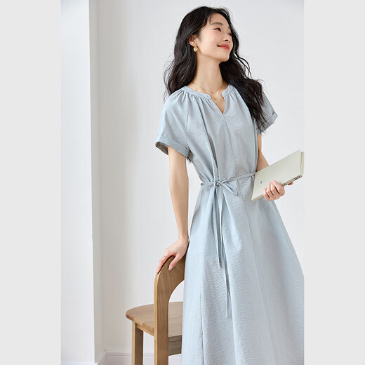 梵希蔓浅蓝色法式V领连衣裙女2025夏季新款收腰系带显瘦休闲长裙 M9733 浅蓝色 XL