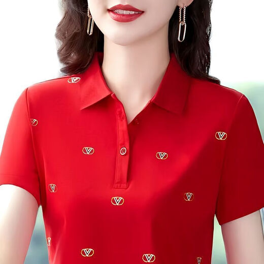 萱慕琳短袖t恤女士夏季新款洋气妈妈装外穿红色翻领大码polo衫上衣 lcx-1697蓝色 M  建议80-95斤