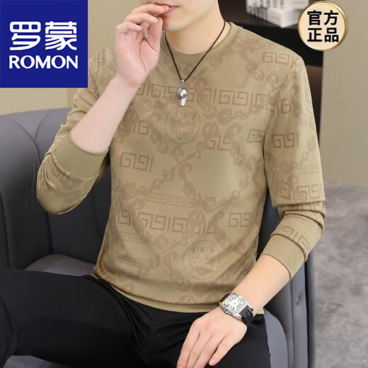 罗蒙（ROMON）2025春秋新款男士长袖T恤潮流时尚欧货卫衣潮男加大码打底衫上衣 【春秋薄.款】6628卡其 150-165斤 2XL