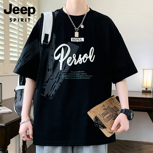 JEEP SPIRIT吉普短袖男夏季潮牌字母印花圆领半袖美式休闲男士落肩袖宽松T恤 693白色 M 约80-100斤可穿
