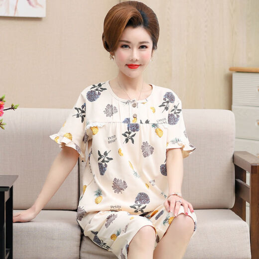 Mu fengqing pijama de madre de mediana edad para mujeres en verano algodón puro pantalones recortados de manga corta más grasa más ropa de gran tamaño para el hogar de mediana edad T3937 XL (115-135Jin [Jin iguala 0.5 kg])