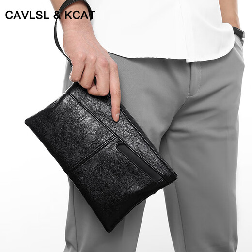 CavlslKcat men's handbag soft cowhide clutch men's business casual clip bag large capacity envelope bag simple fashion handbag black large size 9.7 inch 29*19*2cm