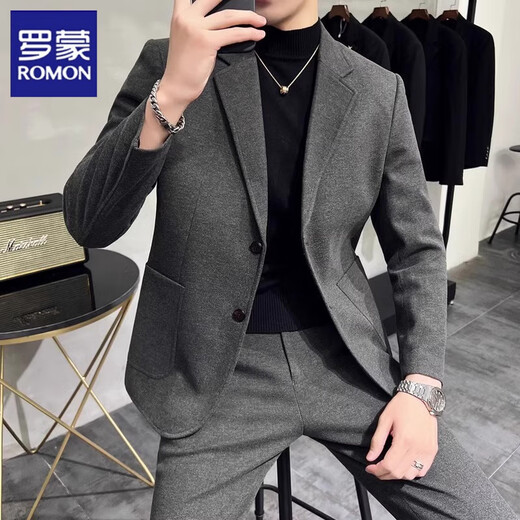 Romon Woolen Suit Jacket Men's Autumn Season New Style Business Formal Casual Thickened Suit Men's Dark Gray Suit M