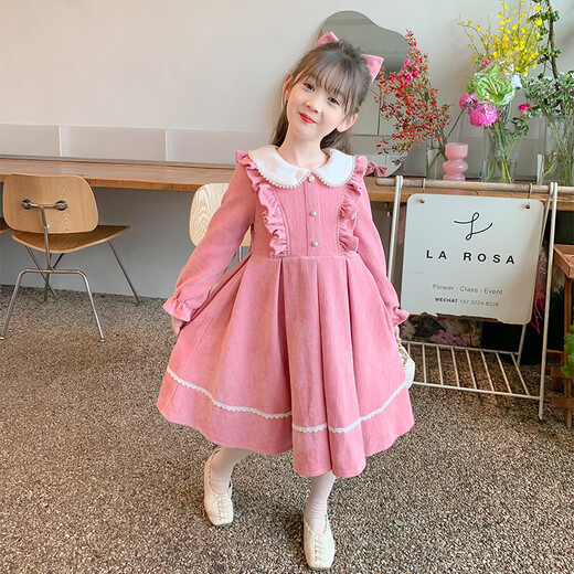 Annie Youer Girls Autumn and Winter Dress 2025 Western Style Children's Clothing Girls Princess Dress Children's Skirt Pink Velvet 100
