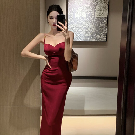 酷虎客晚礼服女2025新款性感法式醋酸针织吊带连衣裙女早春新款名媛御姐 9737黑色丝绒p M