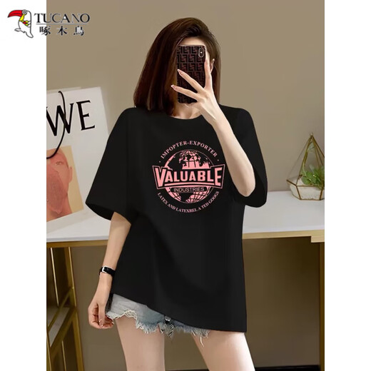 Woodpecker Korean version fat mm apricot pure cotton short-sleeved T-shirt for women 2025 new summer large-size slimming shoulder half-sleeved top trendy 1047# Navy blue [pure cotton] S [suggested 80-100Jin [Jin equals 0.5 kg]]